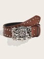 Bruine leren punk riem met bloemige zilveren gesp en metalen klinknagels voor dames - Camel (Zilveren Klinknagels)