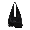 Grand sac cabas noir en suédine avec franges et petite pochette assortie amovible - Noir