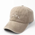 Macro detail of mountain peak embroidery on washed cotton khaki vintage baseball cap - Adjustable / Khaki