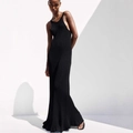 Elegant backless black knit maxi dress with thin straps for women's evening fashion - S / Black