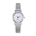 Detail of silver mesh band and white minimalist dial of women's quartz watch - Silver Case Index White Dial