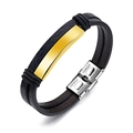 Pulsera de cuero negro de doble capa con placa de acero inoxidable en tono dorado - Estilo Dorado