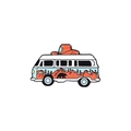 Detailed view of an adventure camper enamel pin with mountain and black bear patterns - Red Hat Camping Bus (XZ3020)