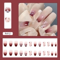 Short ballet press-on nails with burgundy gradient and camellia flower painted designs - R412 Gradient Burgundy (Glue Style)