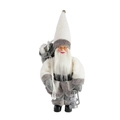Nordic standing Santa Claus figurine with white plush coat and silver lantern decor - Gray and White Long Fur Santa Claus with Lantern