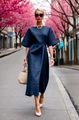 Close-up of a navy blue dress featuring a waist-tie design and elegant wide sleeves - S / Dark Blue
