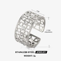 Adjustable hollow wide band ring in 18K gold plated stainless steel with white stone - Silver