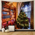 Detail of Christmas tree tapestry with gothic library print and festive window light - Gothic Library Xmas (GT100591) - Brushed Fabric / 73X95CM
