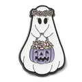 Cute Halloween ghost enamel pin with flower crown and purple pumpkin basket - Basket Carrying Ghost