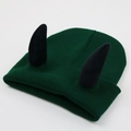 Dark green knitted devil horn beanie hat with black 3D horns for winter warmth - Adult One Size - Elastic / Black Horn - Dark Green Hat