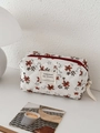 Trousse de maquillage en velours côtelé beige à motif floral et zip rouge - Sac Octogonal en Velours Côtelé à Fleurs Orange-Rouge