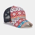 Detail view of ethnic geometric print on baseball cap with breathable mesh back panel - Style 26-Ethnic Red Blue Yellow