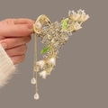 Golden lily of the valley hair claw clip with white pearls and long tassel chains - Rose Green Enamel