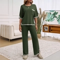Ensemble en maille vert armée avec haut à manches courtes et pantalon large à rayures - S / Vert Militaire