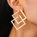 Modern gold-tone oversized double geometric square stud earrings for a minimalist look - Double Layer Staggered Square Gold (F22) / KC Gold