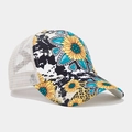 Detail of sunflower print on canvas baseball cap with white breathable mesh back - Style 6-Cow Sunflower