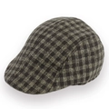 Nahaufnahme der retro karierten Schiebermütze in braunem und beige Hahnentritt-Muster - Einheitsgröße 58cm Umfang / Kaffeegitter Gelbe Linie