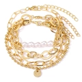 Multi-layer gold bracelet set featuring thick chains and white pearls with LOVE pendant - Style 15-Gold Pearl LOVE Pendant Set