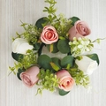 Artificial rose and eucalyptus candle ring in pink and white for festive table decor - Dusty Pink