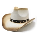 Chapeau de cowboy en paille rose avec finition vieillie et bandeau en cuir clouté - M (56-58cm) / Dégradé Crème Café