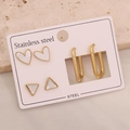 Detail of 3-pair stainless steel earring set featuring heart, triangle and oval hoop designs - 4# Heart Triangle (3 Pairs Set)