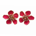 Detailed shot of flower earrings with magenta enamel petals and sparkling rhinestones - Rose Red