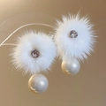 Macro shot of white fur earrings with sparkling zircon and glossy pearl on a stand - White (925 Sterling Silver Earring Post)
