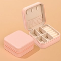 Pink portable travel velvet jewelry box with zipper closure and internal storage slots - Cross-grain PU-Nude Pink / 10*10*5cm