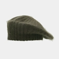 Detail of dark olive green rabbit hair knitted beret showing soft mohair texture - One Size / Army Green