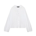 White poplin blouse featuring tiered ruffle details and puff sleeves on white background - XS / White