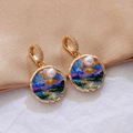 Golden earrings with miniature purple landscape painting, pearl inlay and fine crystals - Pink Cloud Landscape [C-36]