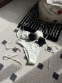 Close-up of cream bikini set with large black 3D rose petals and drawstring details - S / White with Black Flower