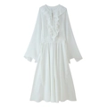Elegante abito lungo bianco stile francese con maniche lunghe e scollatura con volant - S / Bianco