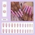 Long ballerina press-on nails in pink and purple with floral patterns and glitter rhinestones - Romantic Little Flower (Z418) - Glue Style