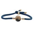 Adjustable dark blue braided Milan rope bracelet with gold Yin Yang charm and zircons - Tai Chi Yin Yang / Blue