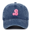Detail of pink towel-embroidered letter B on a dark blue washed denim baseball cap - Adjustable / Navy Blue