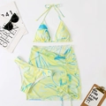 Detailed flat lay of a 3-piece bikini set with blue and yellow marble swirl pattern - S / Yellow & Blue Swirl