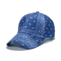 Close-up of blue paisley pattern on a curved brim baseball cap with detailed stitching - 56-60cm Adjustable / Blue