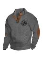 Grey knit pullover for men with brown elbow patches and three-button collar - S / Tops / Gray (Compass Pattern)