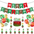 Flat lay of Merry Christmas party set with banners, cake toppers and latex balloons - Christmas Decoration Combo Set 3