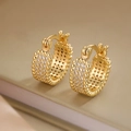Elegant gold-plated hoop earrings with pavé cubic zirconia and beaded edge texture - 44214-Beaded Edge Zirconia Hoop