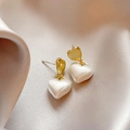 Elegant gold heart earrings with white satin heart pendant on champagne silk background - 158# Heart