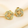 Detailed macro view of gold-plated knot earrings with sky blue enamel and micro-pavé stones - Intertwined Rope Knot Style (KE115087-K)