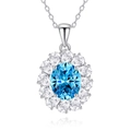 Collana floreale in argento S925 con grande pietra blu mare ovale e zirconi chiari - Stile Blu Mare (FDDZ-046-海蓝色) / Argento 925