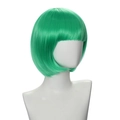Side view of a bright green bob wig with flat bangs on a mannequin head - Bright Green