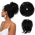 Natural black synthetic messy bun hairpiece for women showing front and side views - Jet Black