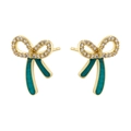 Close-up of golden bow earrings with sparkling white zircons and green enamel finish - 1 Pair / Green
