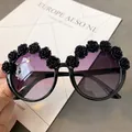 Fashionable round sunglasses featuring black floral rose decor and gradient purple lenses - No. 20 (Black Rose Round)