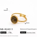 Detalle de piedra natural de 8mm en anillo ajustable de acero inoxidable dorado - Estilo Ágata de Musgo Verde (NB-R24511)
