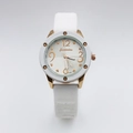 Detail of white silicone strap watch with golden heart dial and rivet decorated case - White Silicone Strap